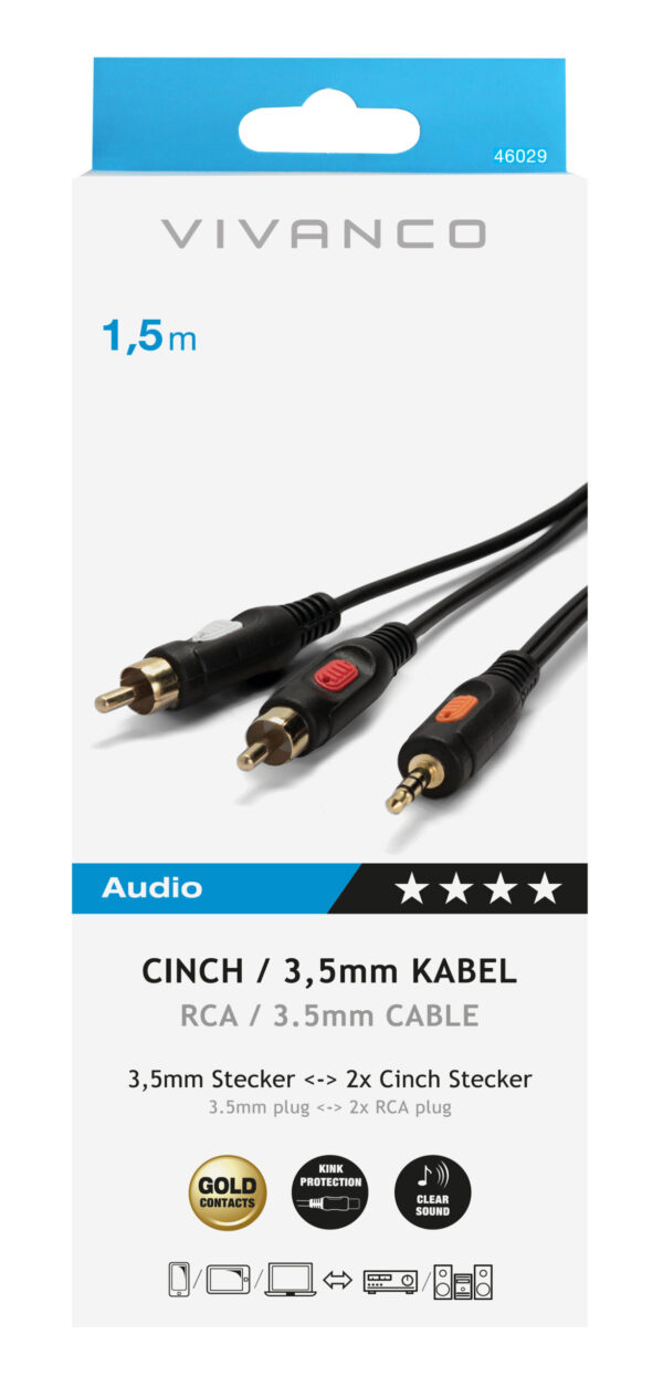 Vivanco 46029 Кабел, 2x RCA М - 3,5 мм М, , 1,5 м  Позлатени контакти